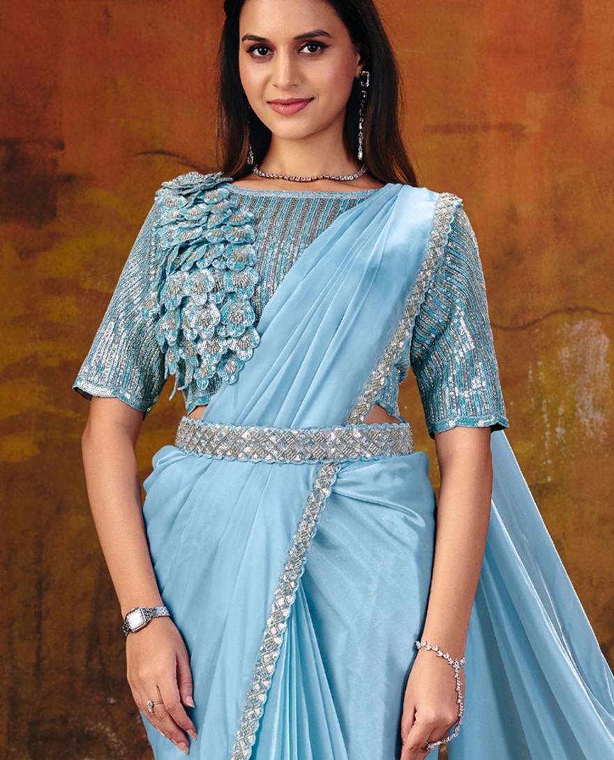 27108 - Firozi Blue Embroidered Wedding Party Designer Saree